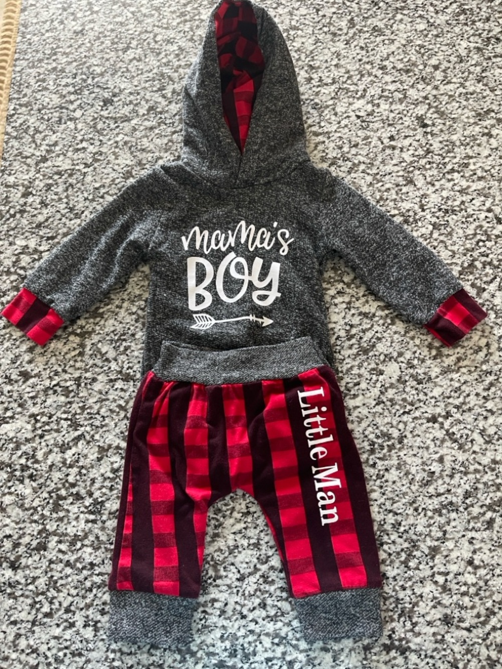 0-3M Mama's Boy Hoodie & Plaid Pants Set - Gray + Red
